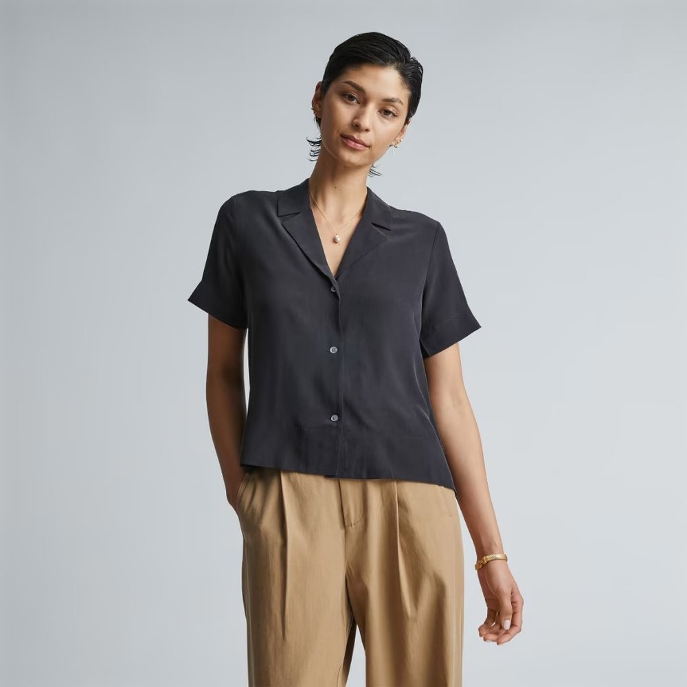 Everlane - The Clean Silk Short-Sleeve Notch Shirt - Black - Size 10